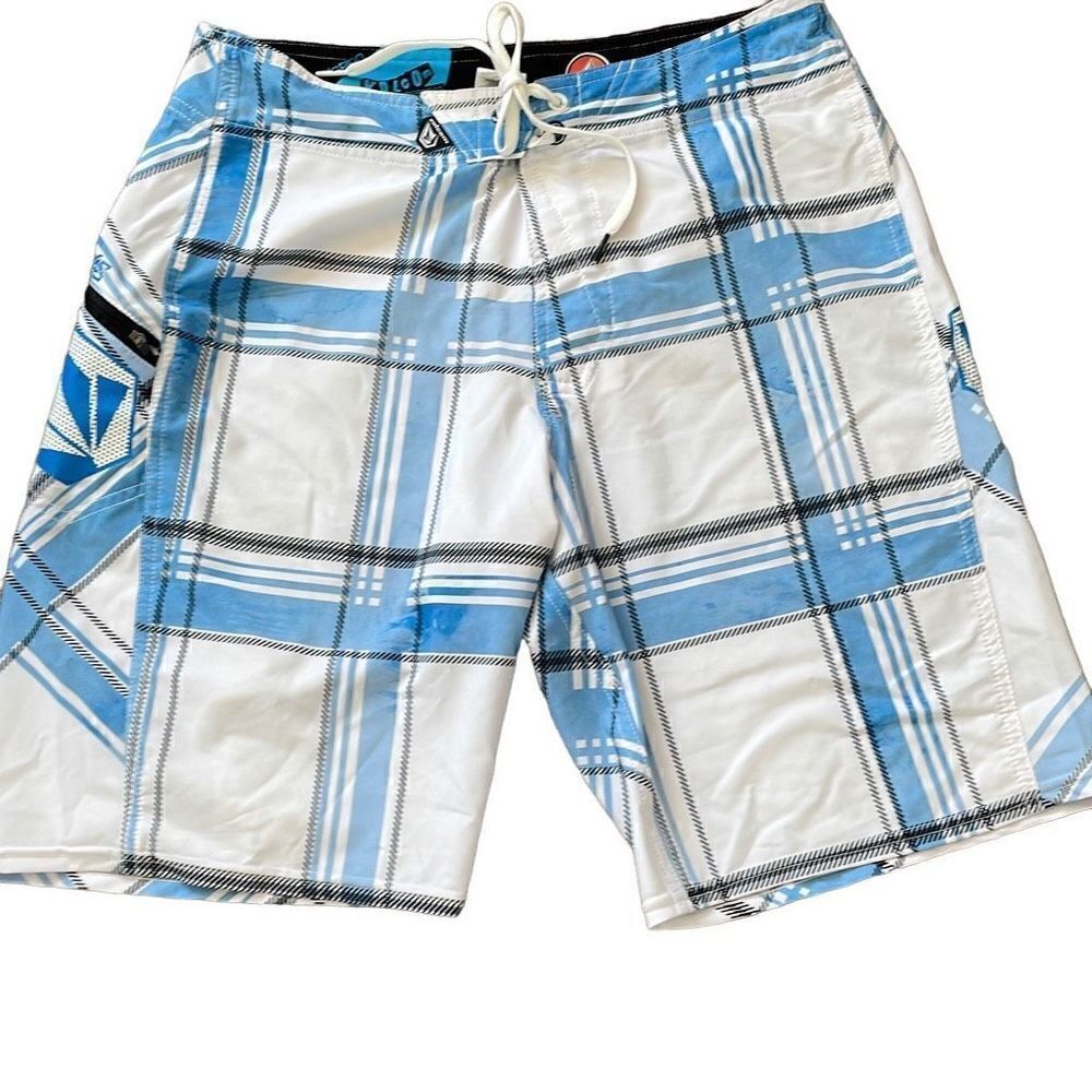 Volcom Board Shorts White Blue Black Plaid Print - Size 32